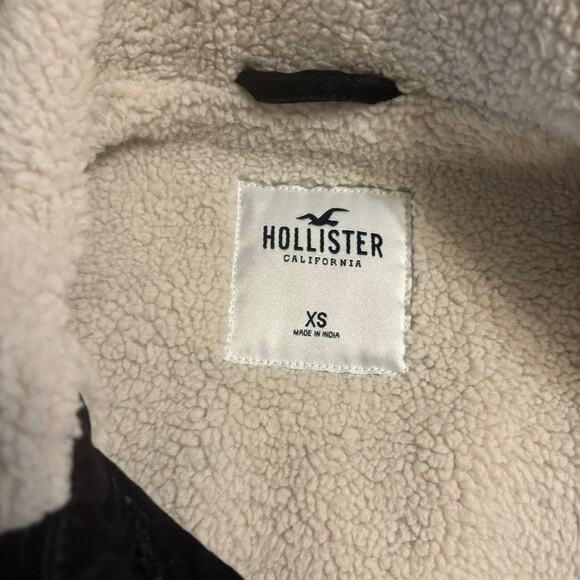 Hollister Women’s Black Denim Sherpa Jacket XS Faux Shearling Lined Trucker Coat - Picture 9 of 10